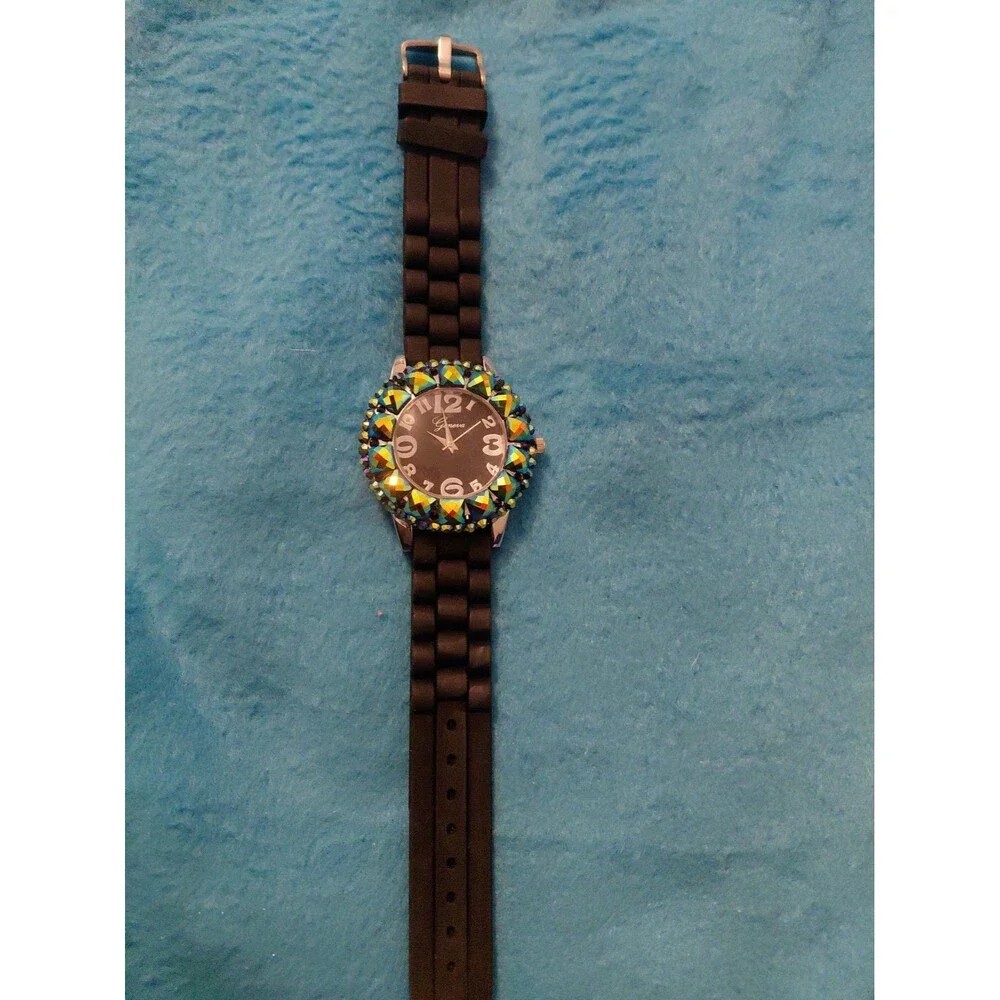 New Black Water Resistant With Blue Iridescent Rhinestone Designed Watch Analog